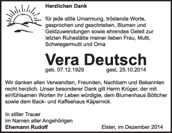 Traueranzeige von Vera Deutsch von WVG - Wochenspiegel Wittenberg