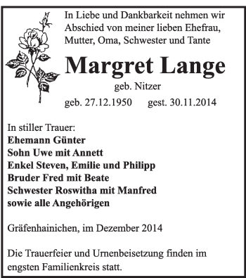 Traueranzeige von Margret Lange von WVG - Wochenspiegel Wittenberg