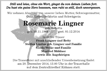 Traueranzeige von Rosemarie Lingner von WVG - Wochenspiegel Dessau / Köthen