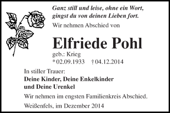 Traueranzeige von Elfriede Pohl von WVG - Wochenspiegel NMB / WSF / ZTZ