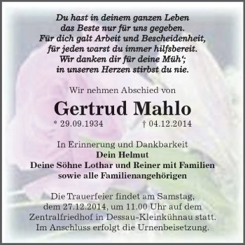 Traueranzeige von Gertrud Mahlo von WVG - Wochenspiegel Dessau / Köthen