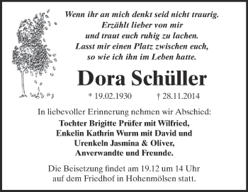 Traueranzeige von Dora Schüller von Super Sonntag Zeitz