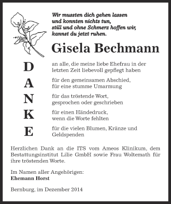 Traueranzeige von Gisela  Bechmann von Super Sonntag Bernburg