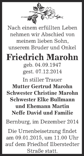 Traueranzeige von Friedrich Marohn von Super Sonntag Bernburg