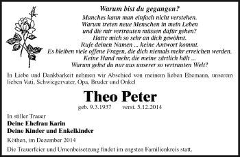 Traueranzeige von Theo Peter von WVG - Wochenspiegel Dessau / Köthen