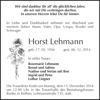 Traueranzeige von Horst Lehmann von WVG - Wochenspiegel Dessau / Köthen