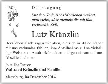 Traueranzeige von Lutz Kränzlin von Super Sonntag Merseburg