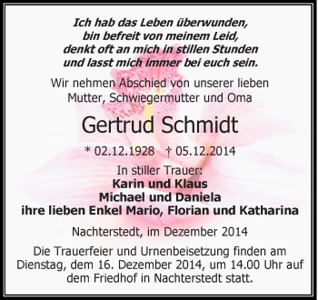 Traueranzeige von Gertrud Schmidt von Super Sonntag Aschersleben