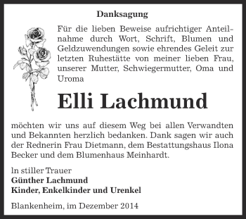 Traueranzeige von Elli Lachmund von Super Sonntag SGH Mansf. Land