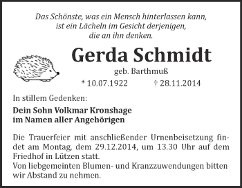 Traueranzeige von Gerda Schmidt von Super Sonntag Merseburg