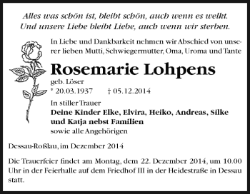 Traueranzeige von Rosemarie Lohpens von WVG - Wochenspiegel Dessau / Köthen
