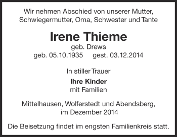 Traueranzeige von Irene Thieme von Super Sonntag SGH Mansf. Land