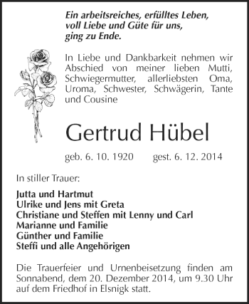 Traueranzeige von Gertrud Hübel von WVG - Wochenspiegel Dessau / Köthen