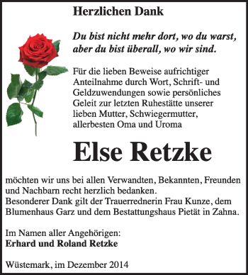 Traueranzeige von Else Retzke von Super Sonntag Wittenberg