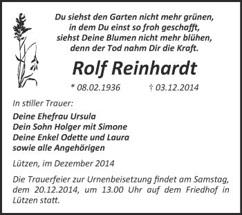 Traueranzeige von Rolf Reinhardt von WVG - Wochenspiegel Merseburg