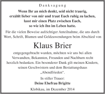 Traueranzeige von Klaus Brier von WVG - Wochenspiegel Merseburg