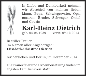 Traueranzeige von Karl-Heinz Dietrich von WVG - Wochenspiegel Aschersleben
