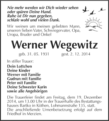 Traueranzeige von Werner Wegewitz von WVG - Wochenspiegel Dessau / Köthen