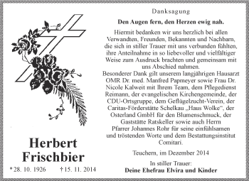 Traueranzeige von Herbert Frischbier von WVG - Wochenspiegel NMB / WSF / ZTZ