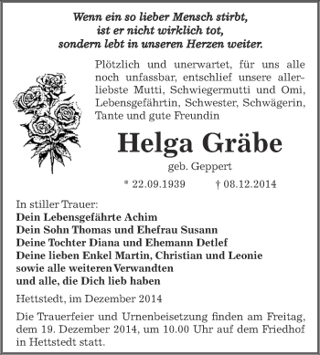 Traueranzeige von Helga Gräbe von Wochenspiegel Mansfelder Land
