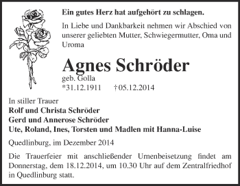 Traueranzeige von Agnes Schröder von WVG - Wochenspiegel Quedlinburg