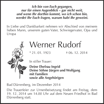 Traueranzeige von Werner Rudorf von WVG - Wochenspiegel Merseburg