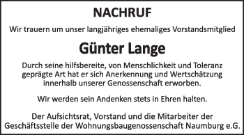 Traueranzeige von Günter Lange von WVG - Wochenspiegel NMB / WSF / ZTZ
