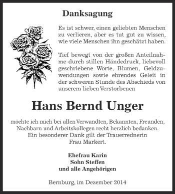 Traueranzeige von Hans Bernd Unger von Super Sonntag Bernburg
