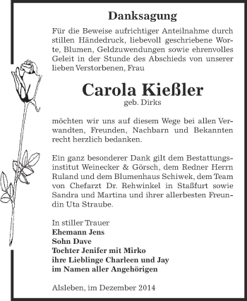Traueranzeige von Carola Kießler von Super Sonntag Bernburg