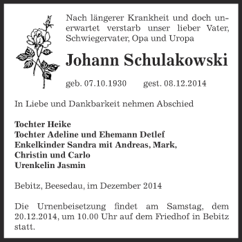 Traueranzeige von Johann Schulakowski von Super Sonntag Bernburg
