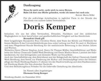 Traueranzeige von Doris Kemper von Super Sonntag Bernburg