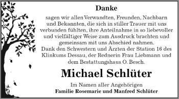 Traueranzeige von Michael Schlüter von WVG - Wochenspiegel Dessau / Köthen