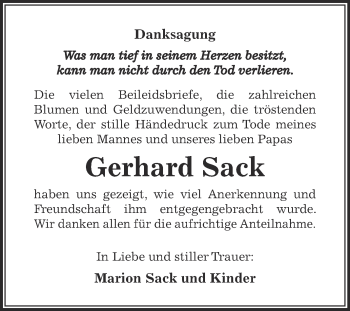 Traueranzeige von Gerhard Sack von Super Sonntag Aschersleben