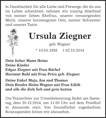 Traueranzeige von Ursula Ziegner von Wochenspiegel Mansfelder Land