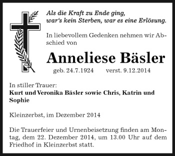Traueranzeige von Anneliese Bäsler von WVG - Wochenspiegel Dessau / Köthen