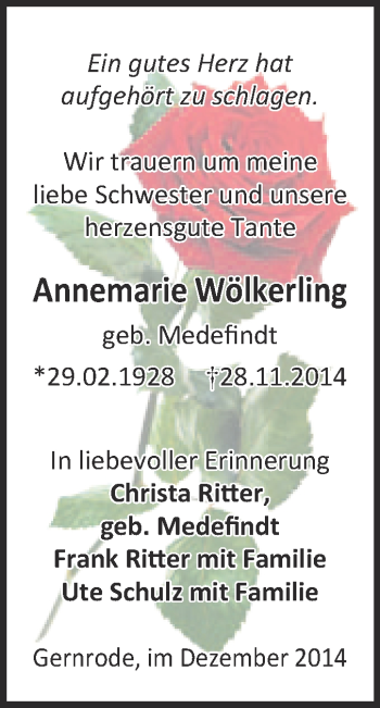 Traueranzeige von Annemarie Wölkerling von Super Sonntag Quedlinburg