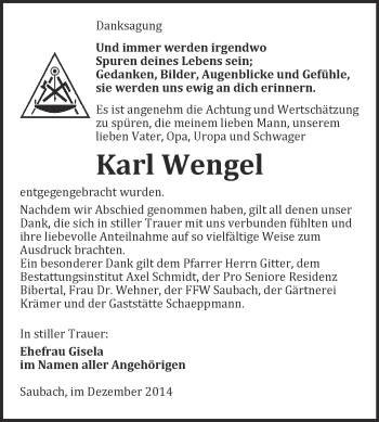 Traueranzeige von Karl Wengel von WVG - Wochenspiegel NMB / WSF / ZTZ