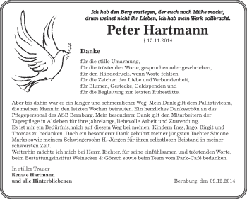 Traueranzeige von Peter Hartmann von Super Sonntag Bernburg