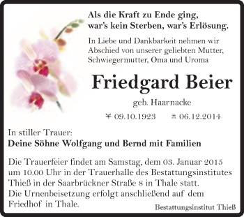 Traueranzeige von Friedgard Beier von Super Sonntag Quedlinburg
