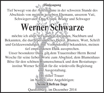 Traueranzeige von Werner Schwarze von WVG - Wochenspiegel Quedlinburg