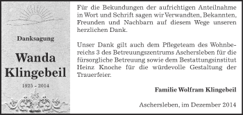 Traueranzeige von Wanda Klingebeil von WVG - Wochenspiegel Aschersleben