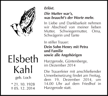Traueranzeige von Elsbeth Kahl von WVG - Wochenspiegel Quedlinburg