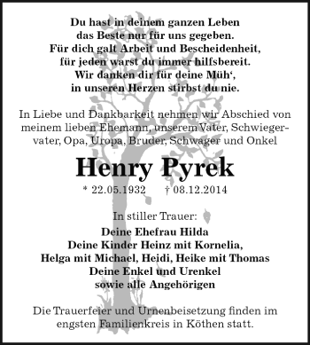 Traueranzeige von Henry Pyrek von WVG - Wochenspiegel Dessau / Köthen