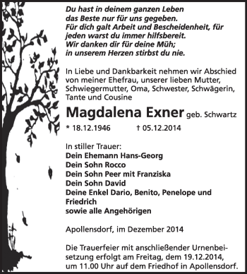 Traueranzeige von Magdalena Exner von WVG - Wochenspiegel Wittenberg