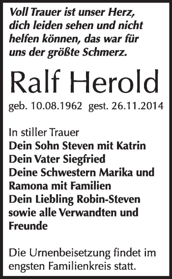 Traueranzeige von Ralf Herold von WVG - Wochenspiegel Wittenberg