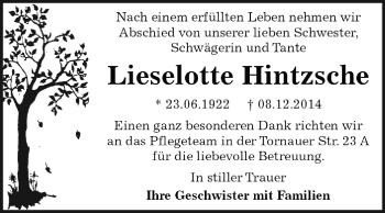 Traueranzeige von Lieselotte Hintzsche von WVG - Wochenspiegel Dessau / Köthen