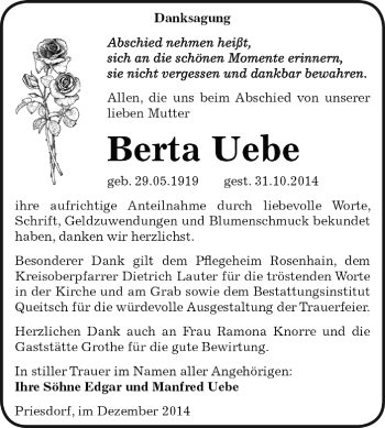 Traueranzeige von Berta Uebe von WVG - Wochenspiegel Dessau / Köthen
