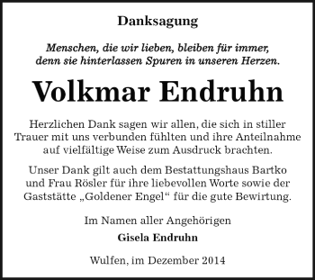 Traueranzeige von Volkmar Endruhn von WVG - Wochenspiegel Dessau / Köthen