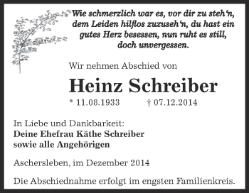 Traueranzeige von Heinz Schreiber von WVG - Wochenspiegel Aschersleben