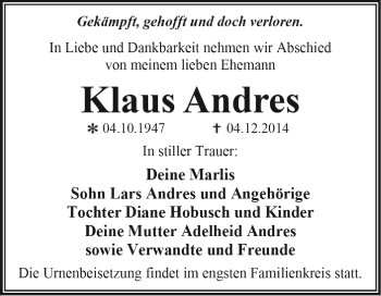 Traueranzeige von Klaus Andres von WVG - Wochenspiegel Dessau / Köthen